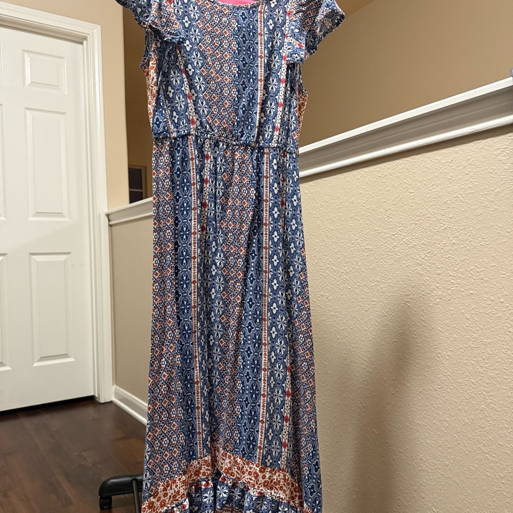 Sz 10-12 Girls Navy and Rust Floral Print highlow hemline
